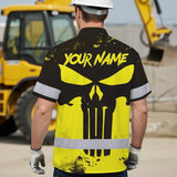 Hi Vis Hawaiian Skull Shirt, Yellow Neon Custom Name High Visibility Short Sleeve Button Down Shirt for Workers, Truckers