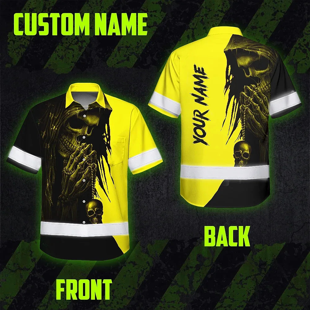 Hi Vis Hawaiian Skull Shirt, Yellow Neon Custom Name High Visibility Short Sleeve Button Down Shirt for Workers, Truckers