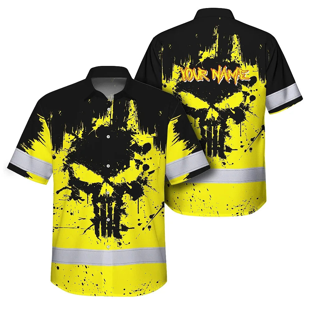 Hi Vis Hawaiian Skull Shirt, Yellow Neon Custom Name High Visibility Short Sleeve Button Down Shirt for Workers, Truckers
