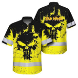 Hi Vis Hawaiian Skull Shirt, Yellow Neon Custom Name High Visibility Short Sleeve Button Down Shirt for Workers, Truckers