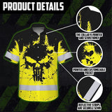 Hi Vis Hawaiian Skull Shirt, Yellow Neon Custom Name High Visibility Short Sleeve Button Down Shirt for Workers, Truckers