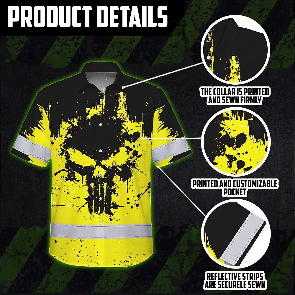 Hi Vis Hawaiian Skull Shirt, Yellow Neon Custom Name High Visibility Short Sleeve Button Down Shirt for Workers, Truckers