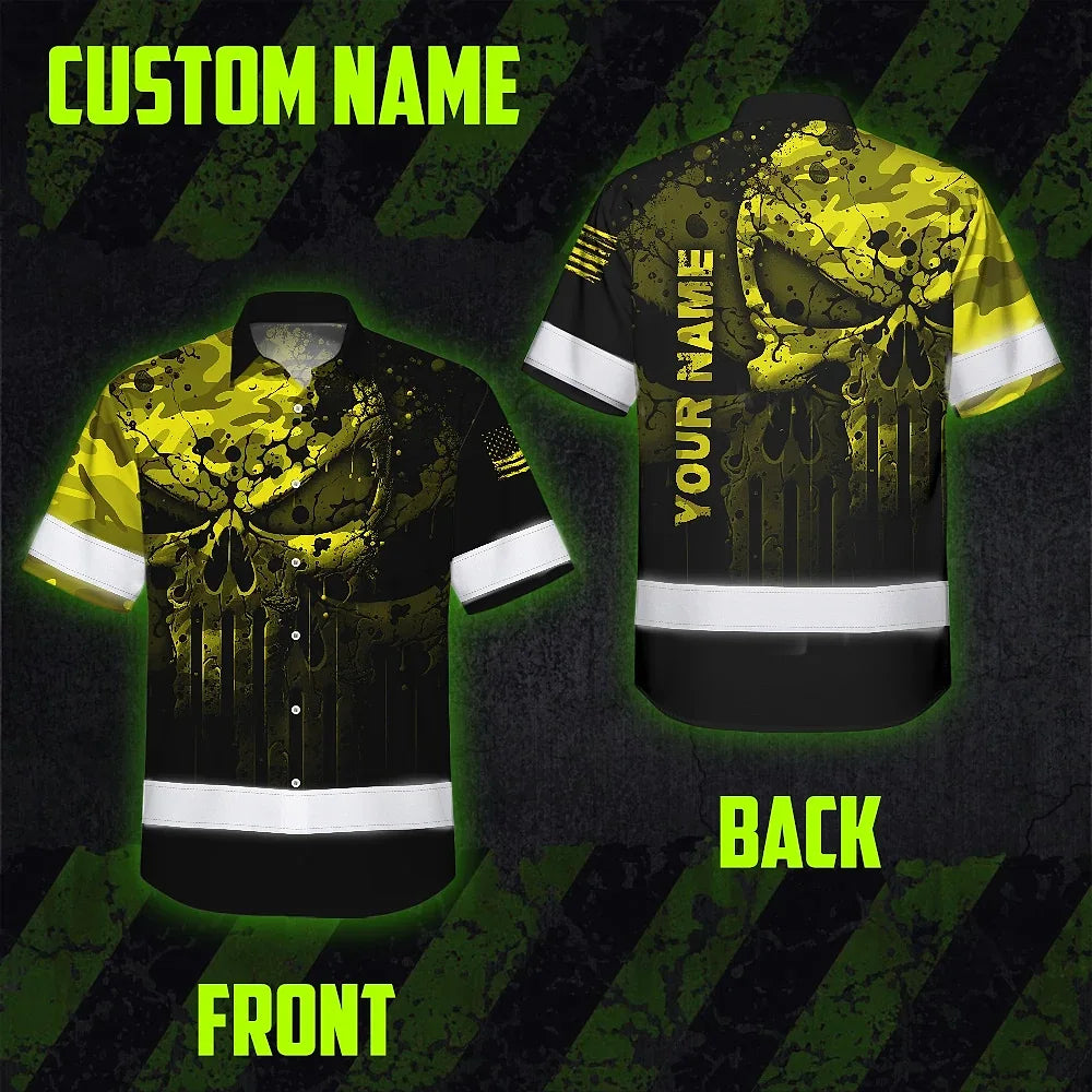 Hi Vis Hawaiian Skull Shirt, Yellow Neon Custom Name High Visibility Short Sleeve Button Down Shirt for Workers, Truckers