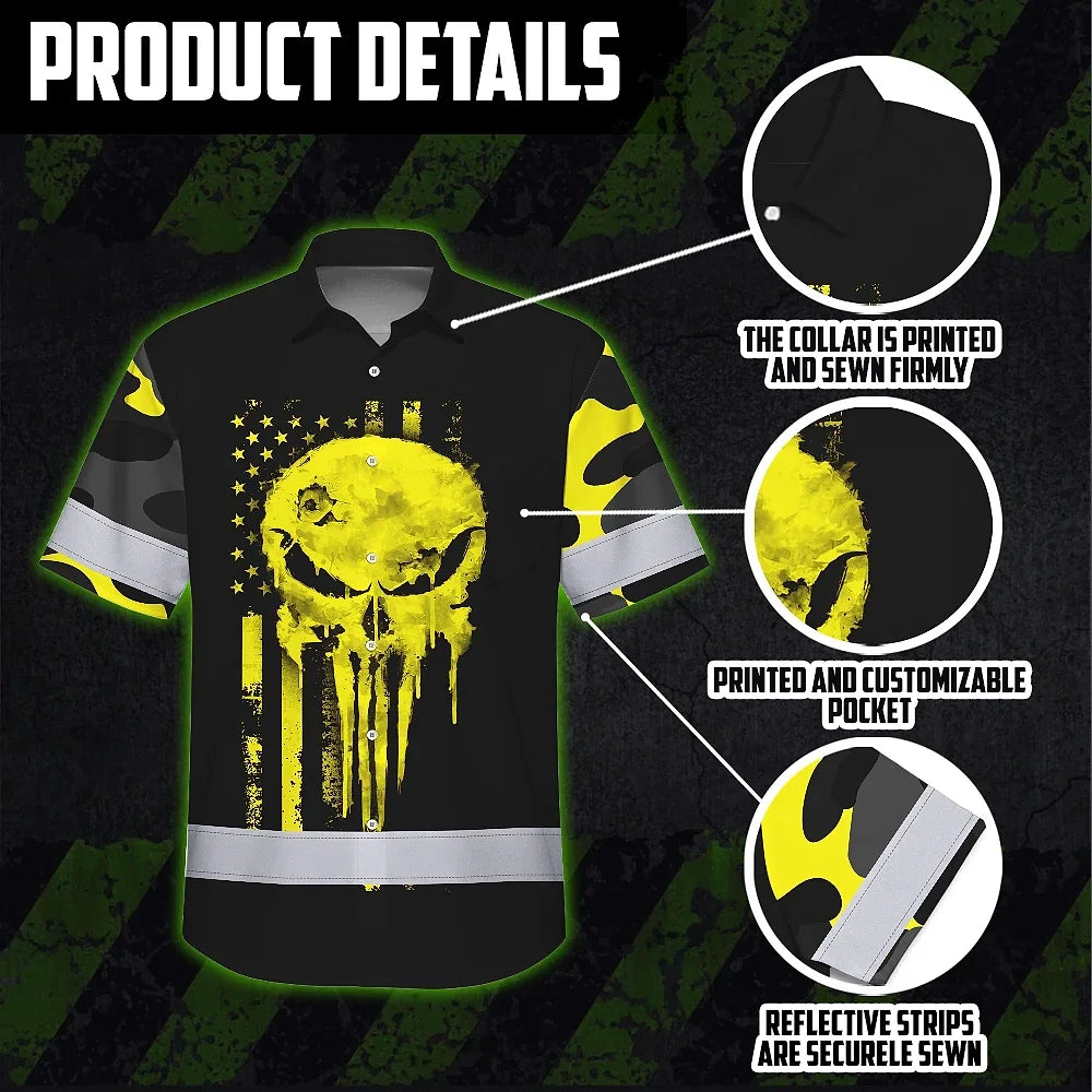 Hi Vis Hawaiian Skull Shirt, Yellow Neon Custom Name High Visibility Short Sleeve Button Down Shirt for Workers, Truckers