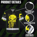 Hi Vis Hawaiian Skull Shirt, Yellow Neon Custom Name High Visibility Short Sleeve Button Down Shirt for Workers, Truckers