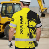 Hi Vis Hawaiian Skull Shirt, Yellow Neon Custom Name High Visibility Short Sleeve Button Down Shirt for Workers, Truckers