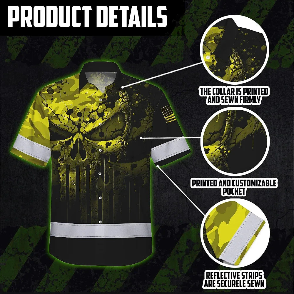 Hi Vis Hawaiian Skull Shirt, Yellow Neon Custom Name High Visibility Short Sleeve Button Down Shirt for Workers, Truckers