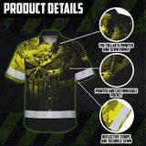 Hi Vis Hawaiian Skull Shirt, Yellow Neon Custom Name High Visibility Short Sleeve Button Down Shirt for Workers, Truckers