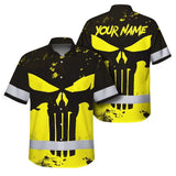 Hi Vis Hawaiian Skull Shirt, Yellow Neon Custom Name High Visibility Short Sleeve Button Down Shirt for Workers, Truckers