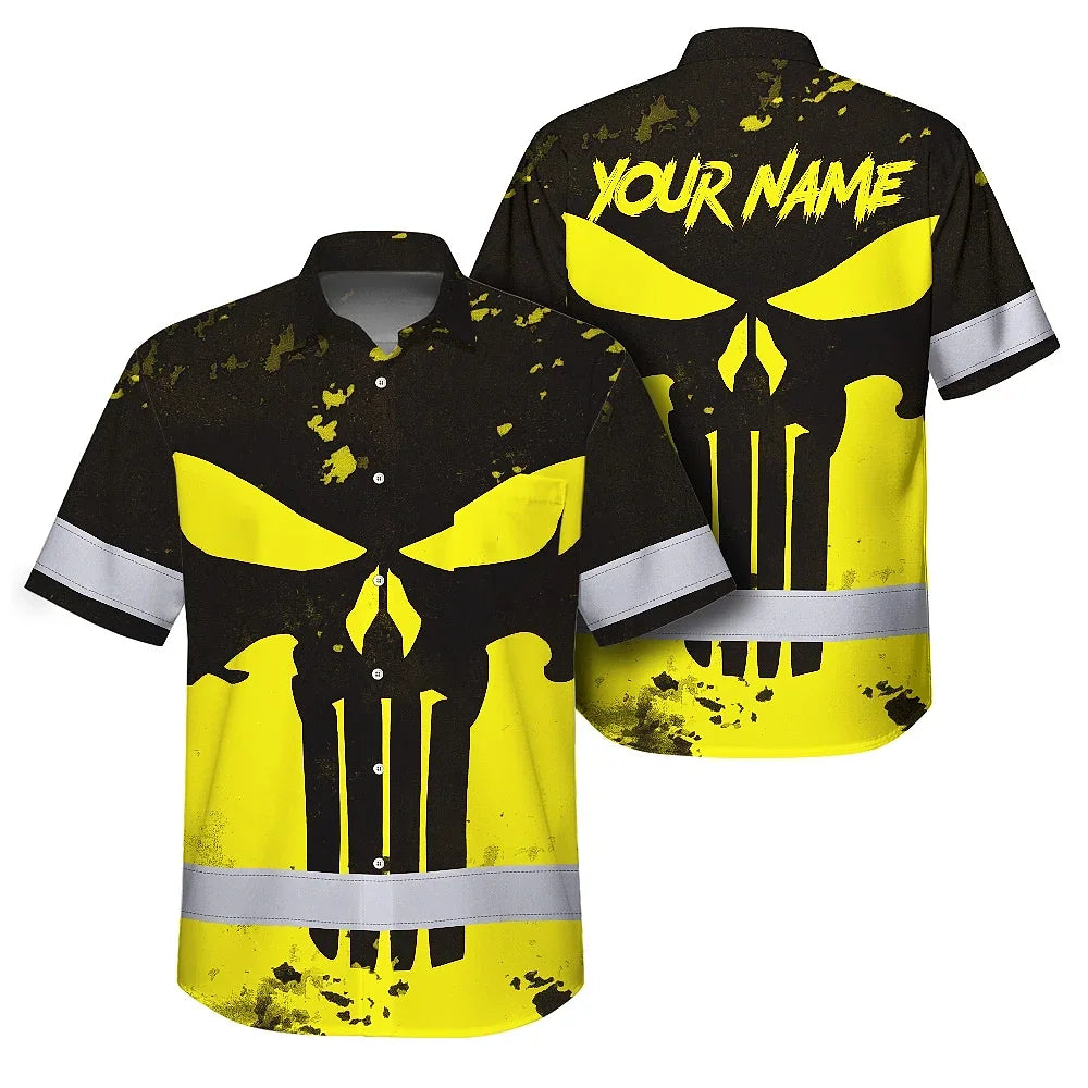 Hi Vis Hawaiian Skull Shirt, Yellow Neon Custom Name High Visibility Short Sleeve Button Down Shirt for Workers, Truckers