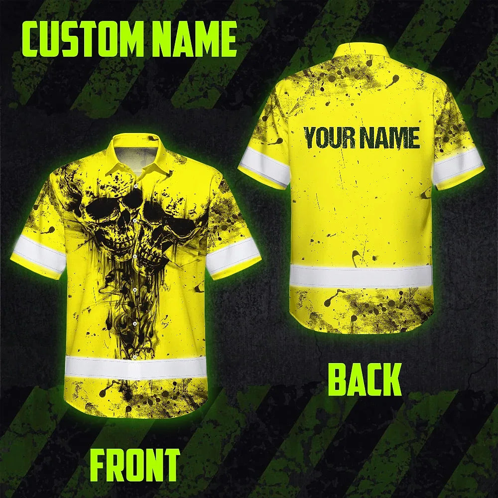 Hi Vis Hawaiian Skull Shirt, Yellow Neon Custom Name High Visibility Short Sleeve Button Down Shirt for Workers, Truckers