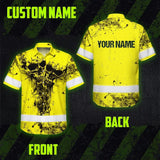 Hi Vis Hawaiian Skull Shirt, Yellow Neon Custom Name High Visibility Short Sleeve Button Down Shirt for Workers, Truckers