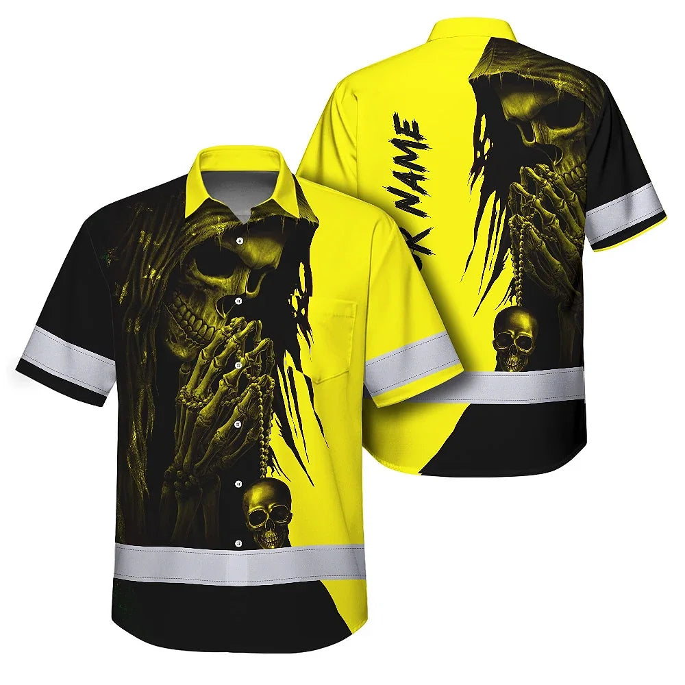 Hi Vis Hawaiian Skull Shirt, Yellow Neon Custom Name High Visibility Short Sleeve Button Down Shirt for Workers, Truckers
