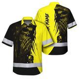 Hi Vis Hawaiian Skull Shirt, Yellow Neon Custom Name High Visibility Short Sleeve Button Down Shirt for Workers, Truckers