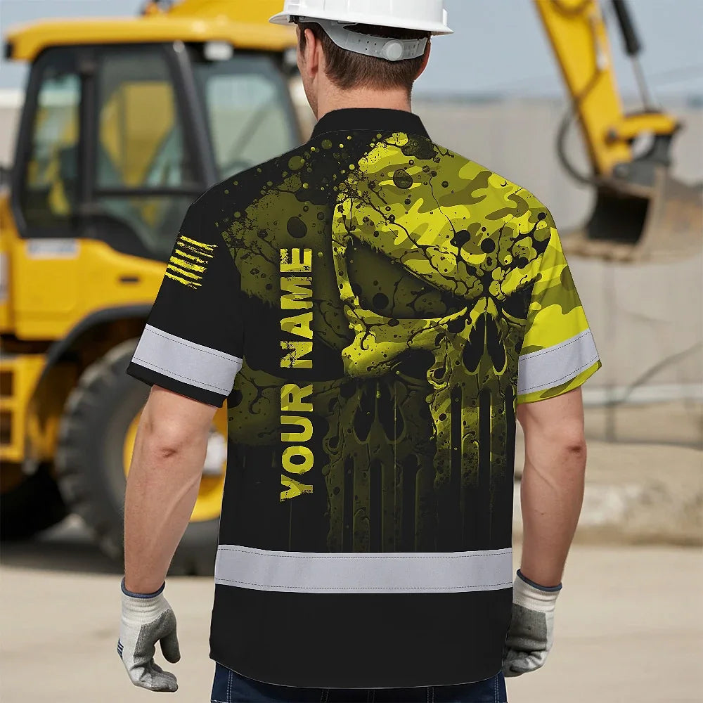 Hi Vis Hawaiian Skull Shirt, Yellow Neon Custom Name High Visibility Short Sleeve Button Down Shirt for Workers, Truckers