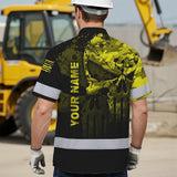 Hi Vis Hawaiian Skull Shirt, Yellow Neon Custom Name High Visibility Short Sleeve Button Down Shirt for Workers, Truckers