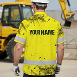 Hi Vis Hawaiian Skull Shirt, Yellow Neon Custom Name High Visibility Short Sleeve Button Down Shirt for Workers, Truckers