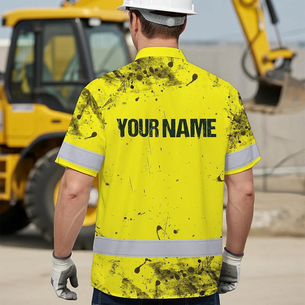Hi Vis Hawaiian Skull Shirt, Yellow Neon Custom Name High Visibility Short Sleeve Button Down Shirt for Workers, Truckers