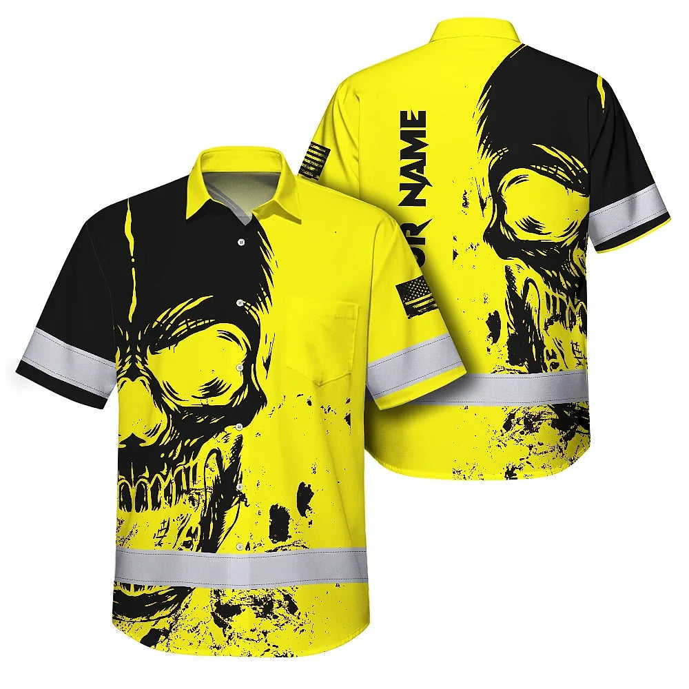 Hi Vis Hawaiian Skull Shirt, Yellow Neon Custom Name High Visibility Short Sleeve Button Down Shirt for Workers, Truckers