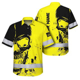 Hi Vis Hawaiian Skull Shirt, Yellow Neon Custom Name High Visibility Short Sleeve Button Down Shirt for Workers, Truckers