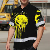 Hi Vis Hawaiian Skull Shirt, Yellow Neon Custom Name High Visibility Short Sleeve Button Down Shirt for Workers, Truckers