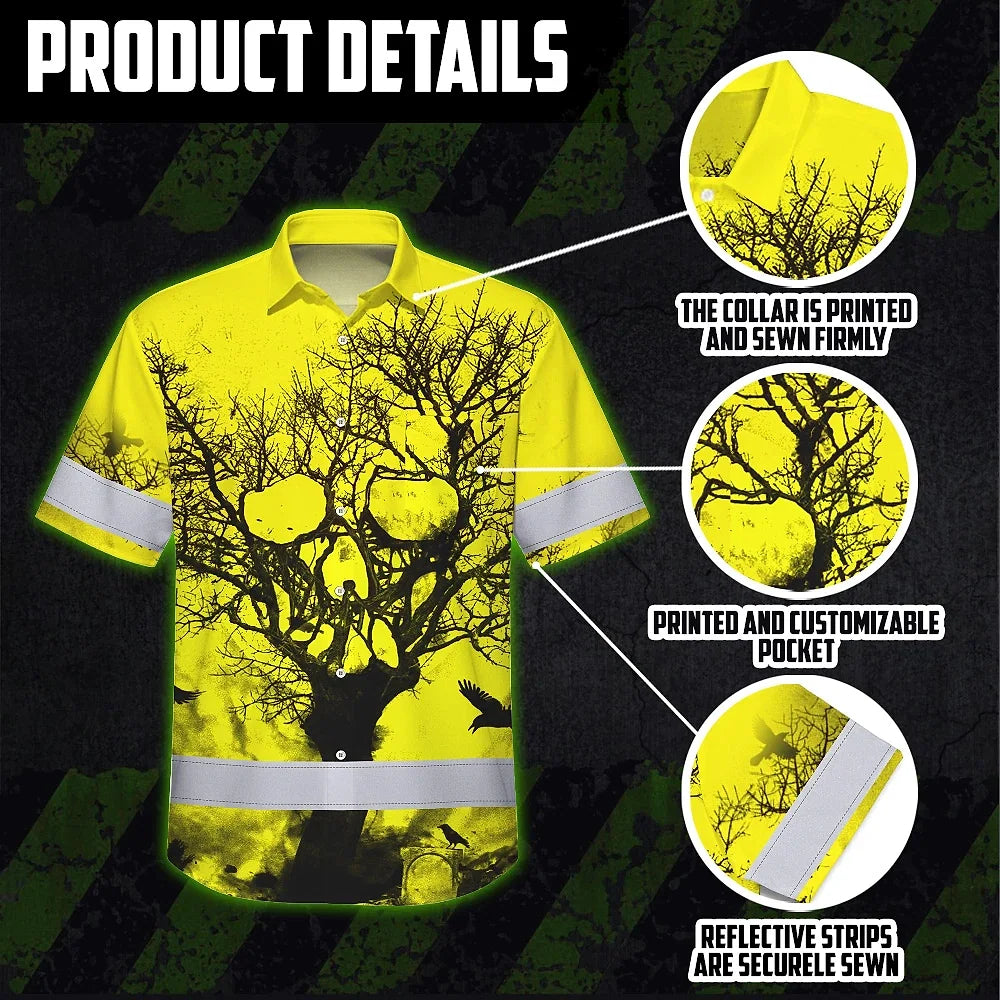 Hi Vis Hawaiian Skull Shirt, Yellow Neon Custom Name High Visibility Short Sleeve Button Down Shirt for Workers, Truckers