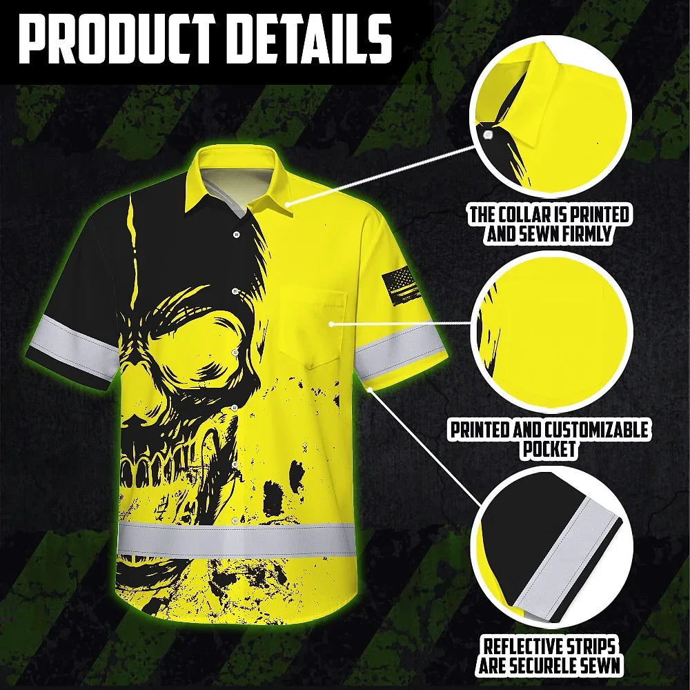 Hi Vis Hawaiian Skull Shirt, Yellow Neon Custom Name High Visibility Short Sleeve Button Down Shirt for Workers, Truckers