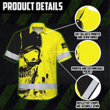 Hi Vis Hawaiian Skull Shirt, Yellow Neon Custom Name High Visibility Short Sleeve Button Down Shirt for Workers, Truckers