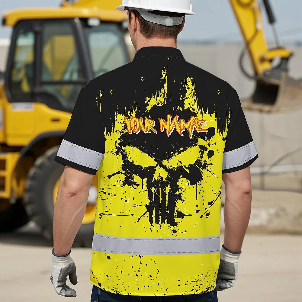 Hi Vis Hawaiian Skull Shirt, Yellow Neon Custom Name High Visibility Short Sleeve Button Down Shirt for Workers, Truckers
