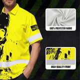Hi Vis Hawaiian Skull Shirt, Yellow Neon Custom Name High Visibility Short Sleeve Button Down Shirt for Workers, Truckers
