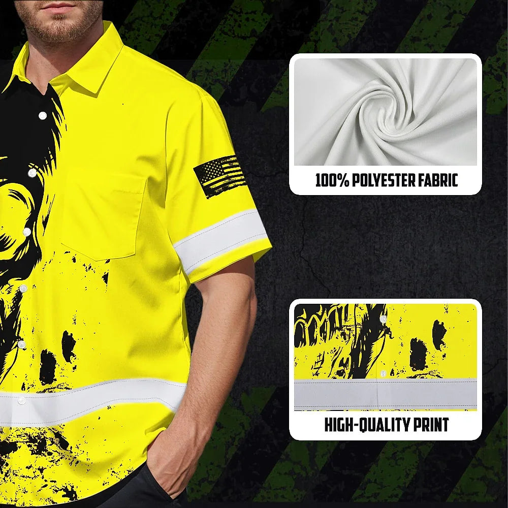 Hi Vis Hawaiian Skull Shirt, Yellow Neon Custom Name High Visibility Short Sleeve Button Down Shirt for Workers, Truckers