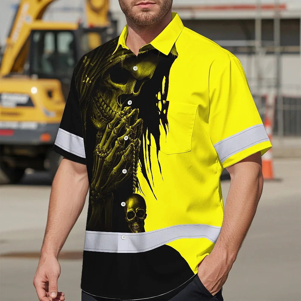 Hi Vis Hawaiian Skull Shirt, Yellow Neon Custom Name High Visibility Short Sleeve Button Down Shirt for Workers, Truckers