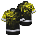 Hi Vis Hawaiian Skull Shirt, Yellow Neon Custom Name High Visibility Short Sleeve Button Down Shirt for Workers, Truckers