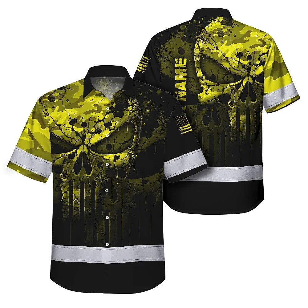 Hi Vis Hawaiian Skull Shirt, Yellow Neon Custom Name High Visibility Short Sleeve Button Down Shirt for Workers, Truckers