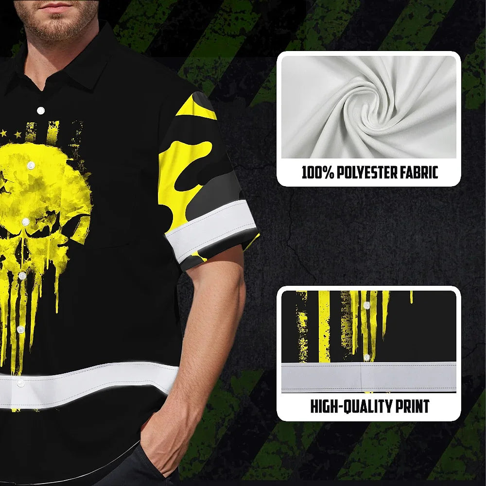 Hi Vis Hawaiian Skull Shirt, Yellow Neon Custom Name High Visibility Short Sleeve Button Down Shirt for Workers, Truckers