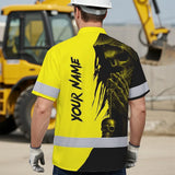 Hi Vis Hawaiian Skull Shirt, Yellow Neon Custom Name High Visibility Short Sleeve Button Down Shirt for Workers, Truckers