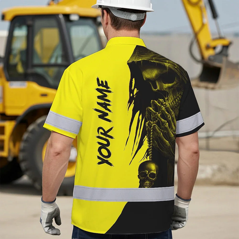 Hi Vis Hawaiian Skull Shirt, Yellow Neon Custom Name High Visibility Short Sleeve Button Down Shirt for Workers, Truckers