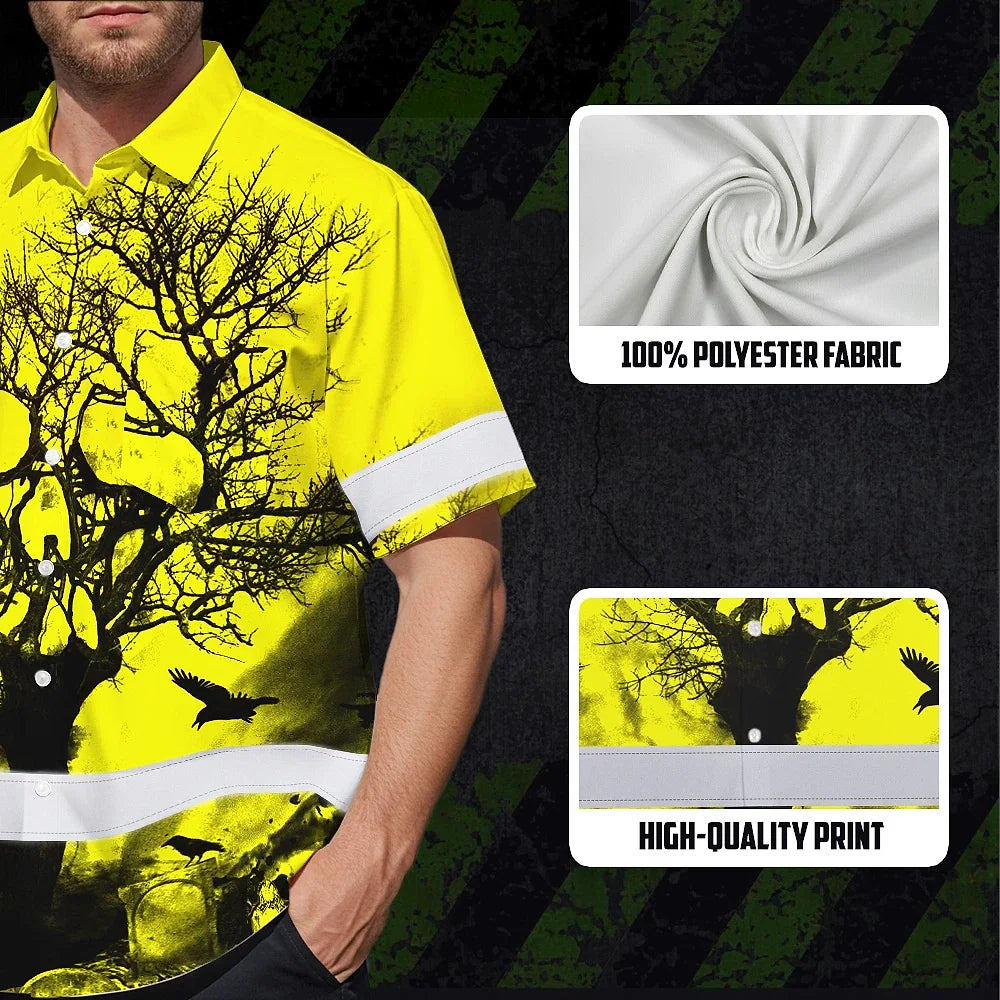 Hi Vis Hawaiian Skull Shirt, Yellow Neon Custom Name High Visibility Short Sleeve Button Down Shirt for Workers, Truckers