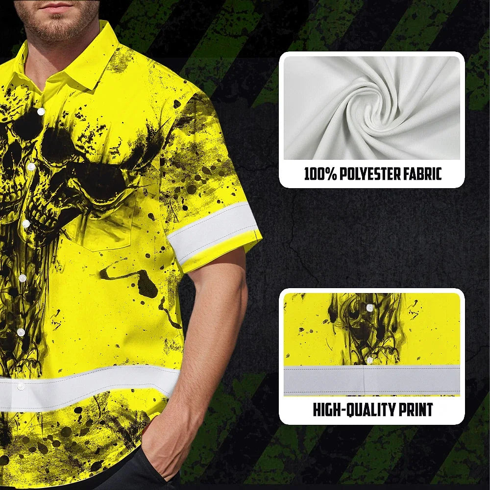 Hi Vis Hawaiian Skull Shirt, Yellow Neon Custom Name High Visibility Short Sleeve Button Down Shirt for Workers, Truckers