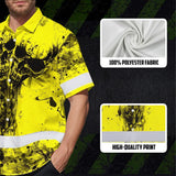 Hi Vis Hawaiian Skull Shirt, Yellow Neon Custom Name High Visibility Short Sleeve Button Down Shirt for Workers, Truckers