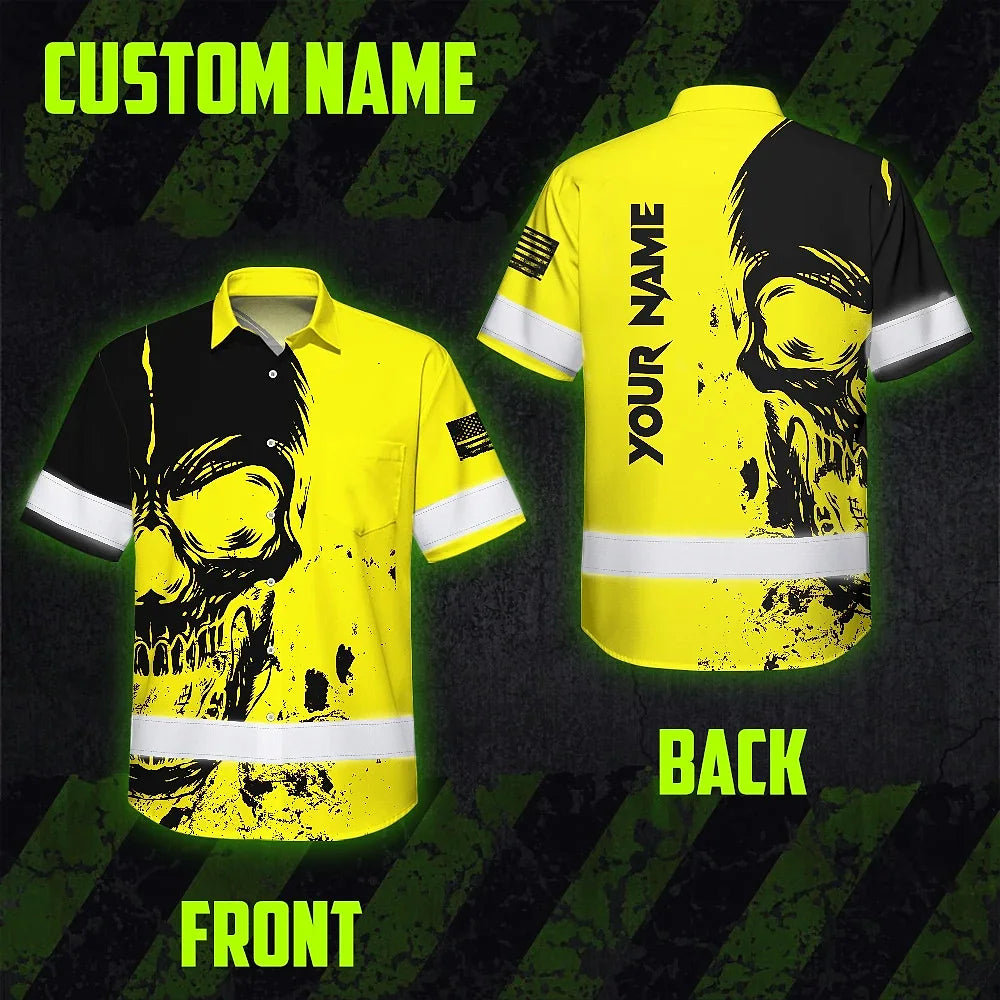 Hi Vis Hawaiian Skull Shirt, Yellow Neon Custom Name High Visibility Short Sleeve Button Down Shirt for Workers, Truckers