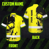 Hi Vis Hawaiian Skull Shirt, Yellow Neon Custom Name High Visibility Short Sleeve Button Down Shirt for Workers, Truckers