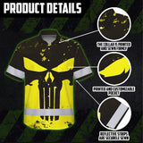 Hi Vis Hawaiian Skull Shirt, Yellow Neon Custom Name High Visibility Short Sleeve Button Down Shirt for Workers, Truckers