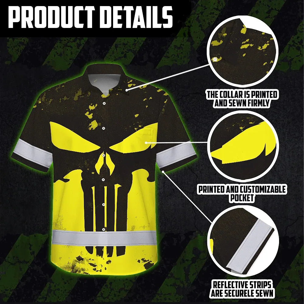 Hi Vis Hawaiian Skull Shirt, Yellow Neon Custom Name High Visibility Short Sleeve Button Down Shirt for Workers, Truckers