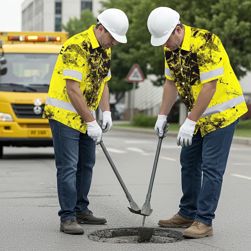Hi Vis Hawaiian Skull Shirt, Yellow Neon Custom Name High Visibility Short Sleeve Button Down Shirt for Workers, Truckers
