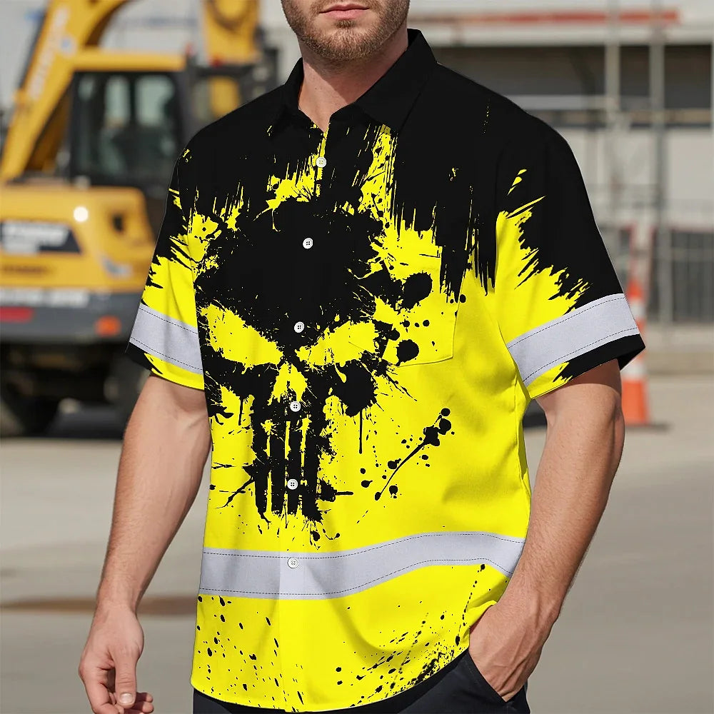 Hi Vis Hawaiian Skull Shirt, Yellow Neon Custom Name High Visibility Short Sleeve Button Down Shirt for Workers, Truckers