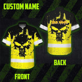 Hi Vis Hawaiian Skull Shirt, Yellow Neon Custom Name High Visibility Short Sleeve Button Down Shirt for Workers, Truckers