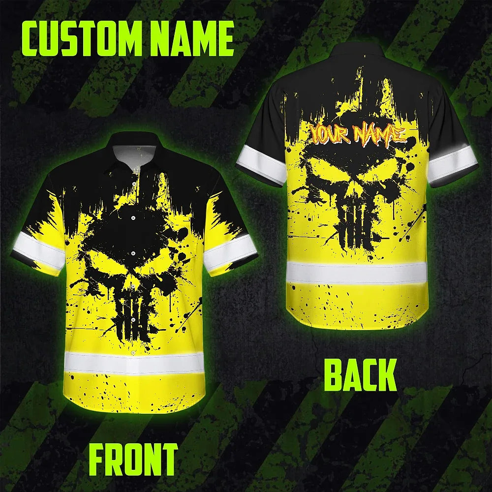 Hi Vis Hawaiian Skull Shirt, Yellow Neon Custom Name High Visibility Short Sleeve Button Down Shirt for Workers, Truckers
