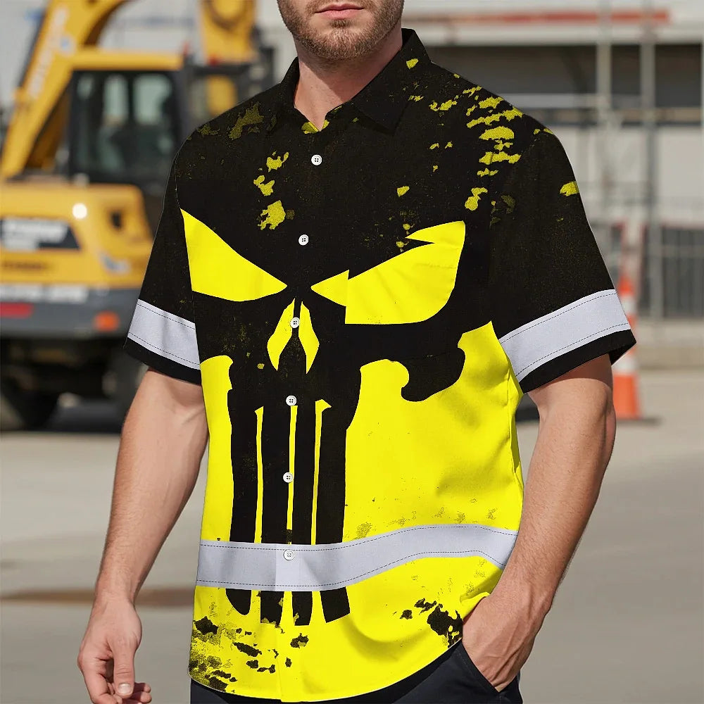 Hi Vis Hawaiian Skull Shirt, Yellow Neon Custom Name High Visibility Short Sleeve Button Down Shirt for Workers, Truckers