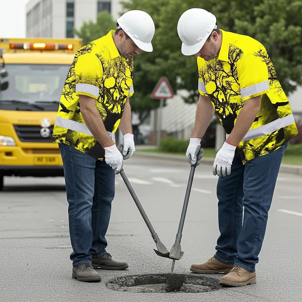 Hi Vis Hawaiian Skull Shirt, Yellow Neon Custom Name High Visibility Short Sleeve Button Down Shirt for Workers, Truckers